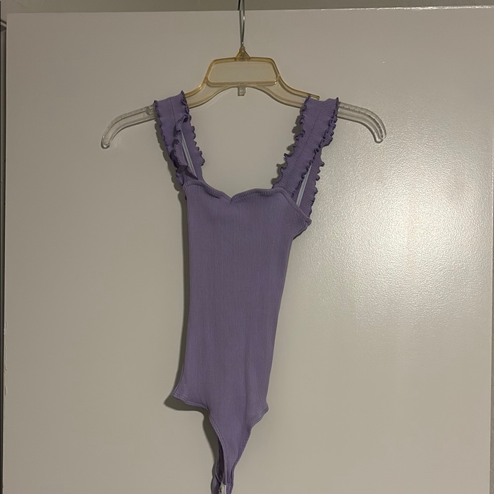 Lavender Ruffled Strap Ribbed Bodysuit